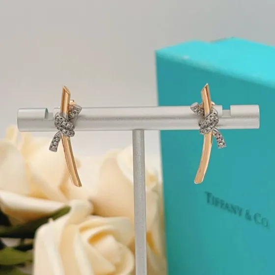 Tiffany Co Knot earrings 18k rose gold white gold with pave diamonds 20mm length