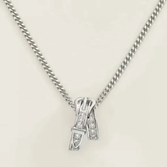 Hermes Buckle Pendant necklace 18k white gold with diamond accents 40cm