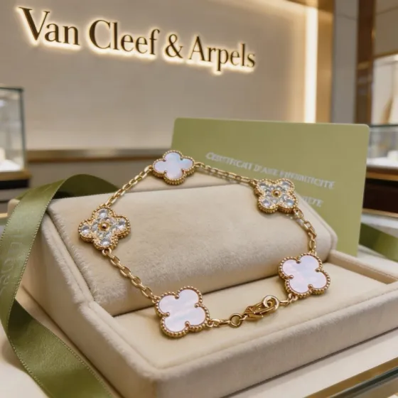 Van Cleef Arpels Alhambra bracelet Yellow gold metal with white mother-of-pearl and clear diamond accents 18cm