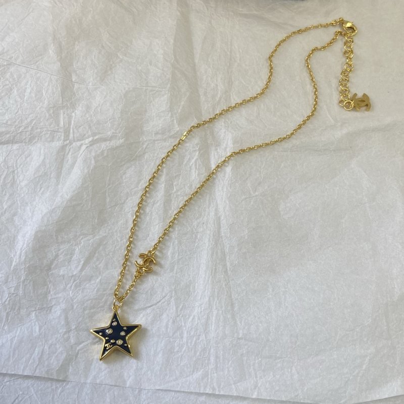 Chanel CC Star Pendant Necklace necklace Gold-tone metal navy blue enamel clear crystal accents 42cm with 5cm extender