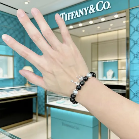 Tiffany Co Return to Tiffany Charm Bead Bracelet bracelet Sterling silver with black onyx and silver obsidian beads 18cm