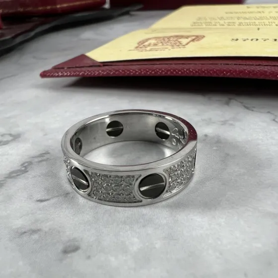 Cartier Love ring 18k white gold black ceramic pave set white diamonds 57