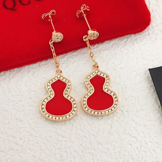 Qeelin Wulu earrings Rose gold metal red carnelian inlay clear diamond accents 3 5cm drop length