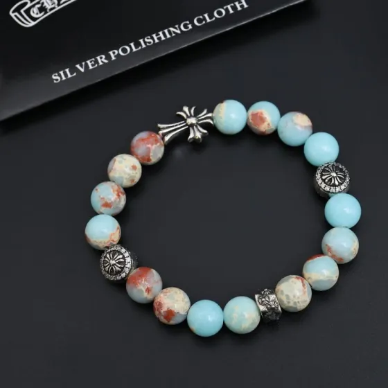 Chrome Hearts Cross Beaded Bracelet bracelet Sterling silver with turquoise blue red and cream variegated stone beads accented with clear cubic zirconia 18cm
