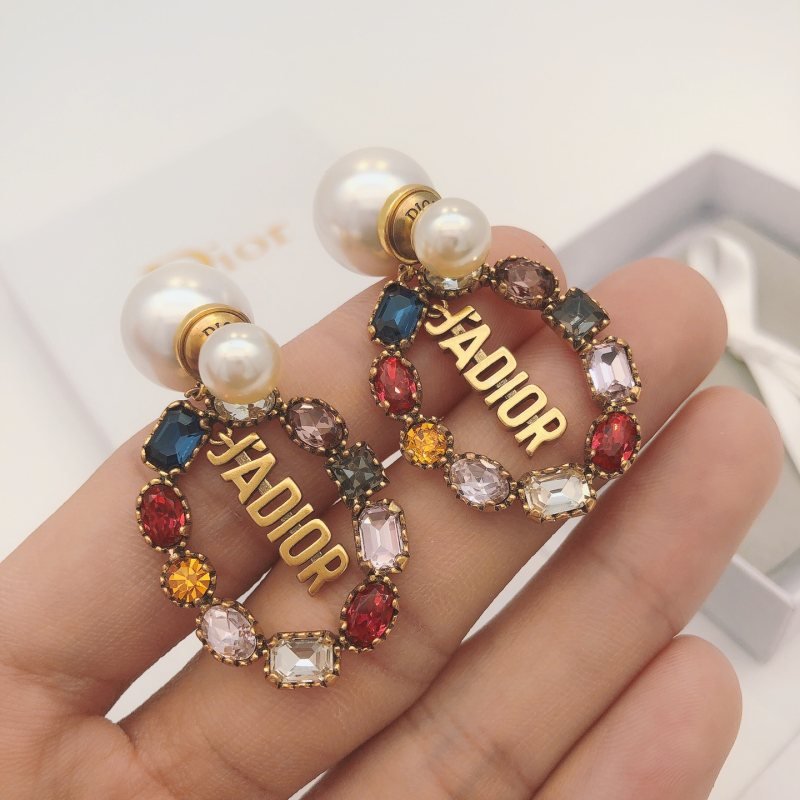 Dior J ADIOR earrings antique gold tone metal white faux pearl multicolor faceted crystals 3cm drop length