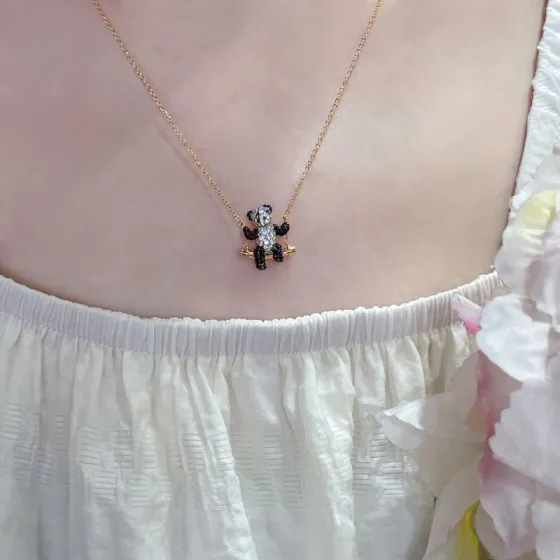 Qeelin Bo Bo Swing Panda necklace 18k rose gold clear diamond black diamond 42cm with 2cm extender
