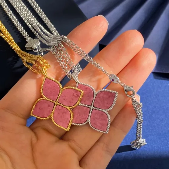 Roberto Coin Princess Flower necklace Yellow gold Rhodium silver Rose gold with pink rhodonite and diamond accents 18 inch