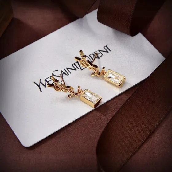 Saint Laurent LE CASSANDRE earrings gold-tone metal with clear faceted crystal 3cm drop length