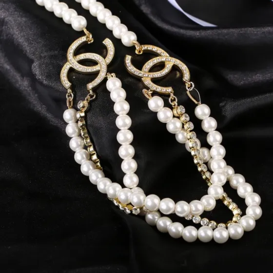 Chanel CC Logo Pearl Crystal Layered Necklace necklace Gold-tone metal white faux pearl clear crystal Adjustable 40-45cm