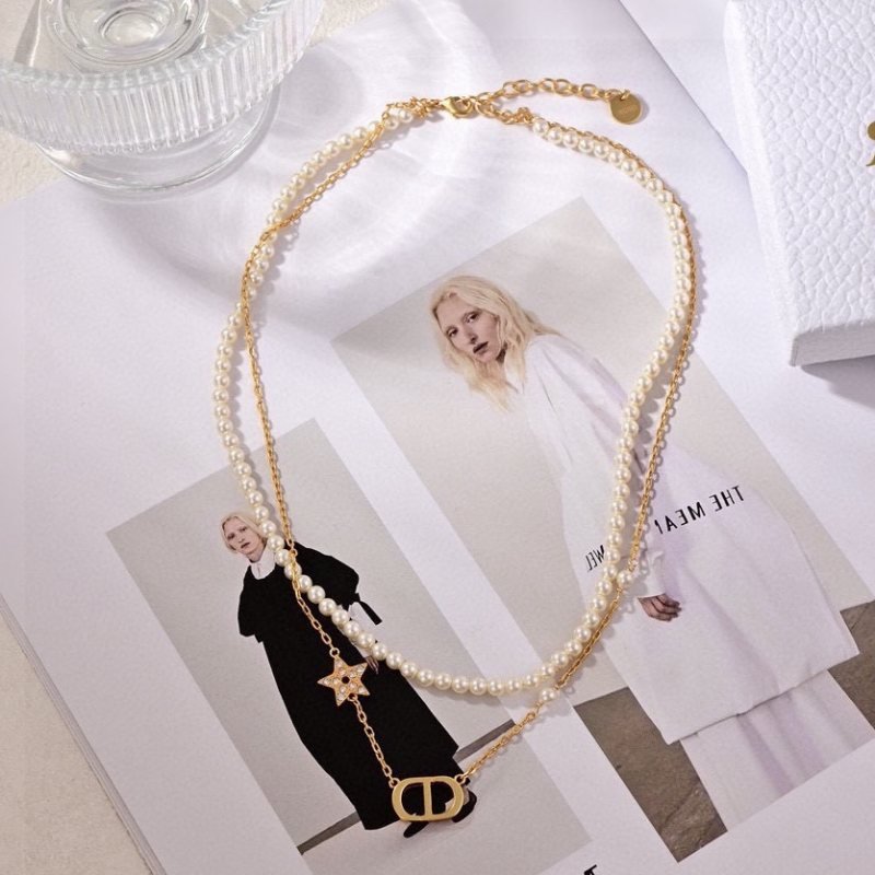 Dior Petit CD necklace gold-tone metal white resin pearls clear crystal accents 42cm with 5cm extender chain