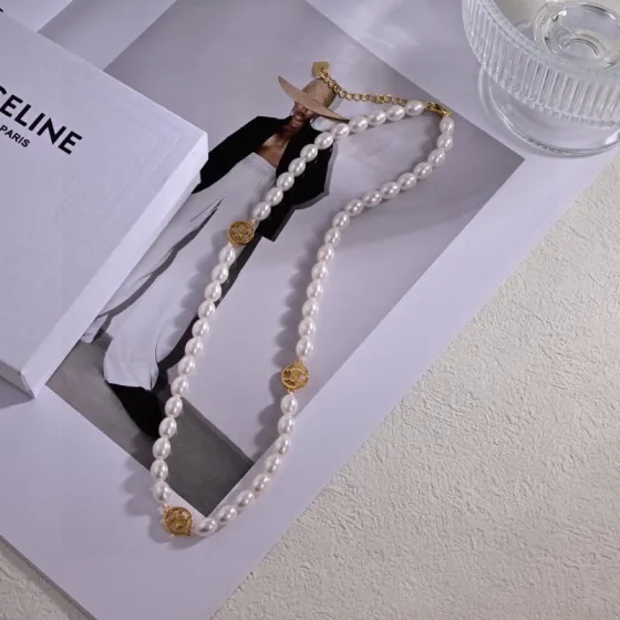 Celine Triomphe Pearl necklace gold-tone metal white pearl 42cm with 5cm extender chain