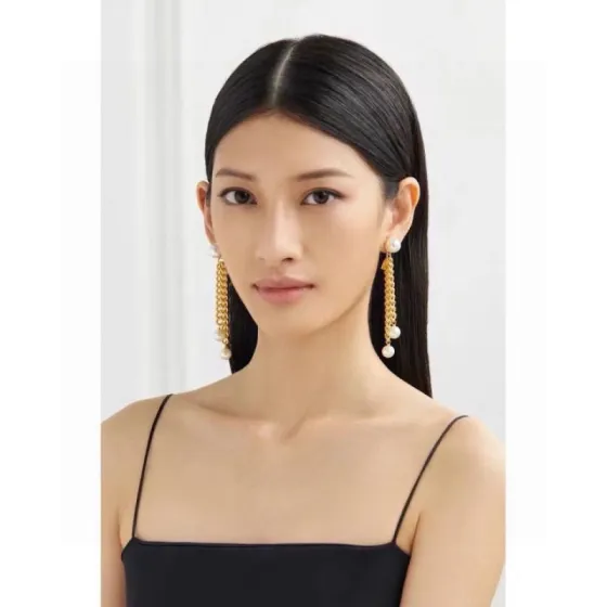 Celine Pearl Chain Drop Earrings earrings gold-tone metal with white pearl accents 7cm drop length