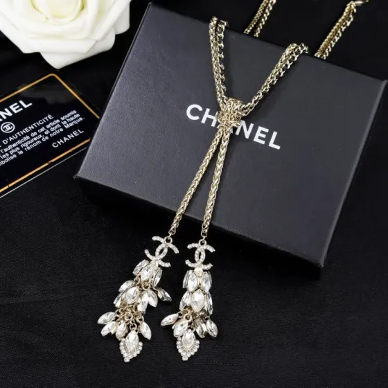 Chanel 2021 CC Crystal Tassel Lariat necklace light gold metal with clear faceted crystals 42cm with 5cm extender