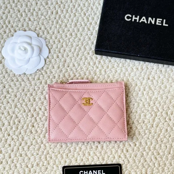 Chanel Classic Quilted Caviar Zip Card Holder card holder Light Pink Caviar Leather Gold Tone Metal Hardware 11cm x 8 5cm