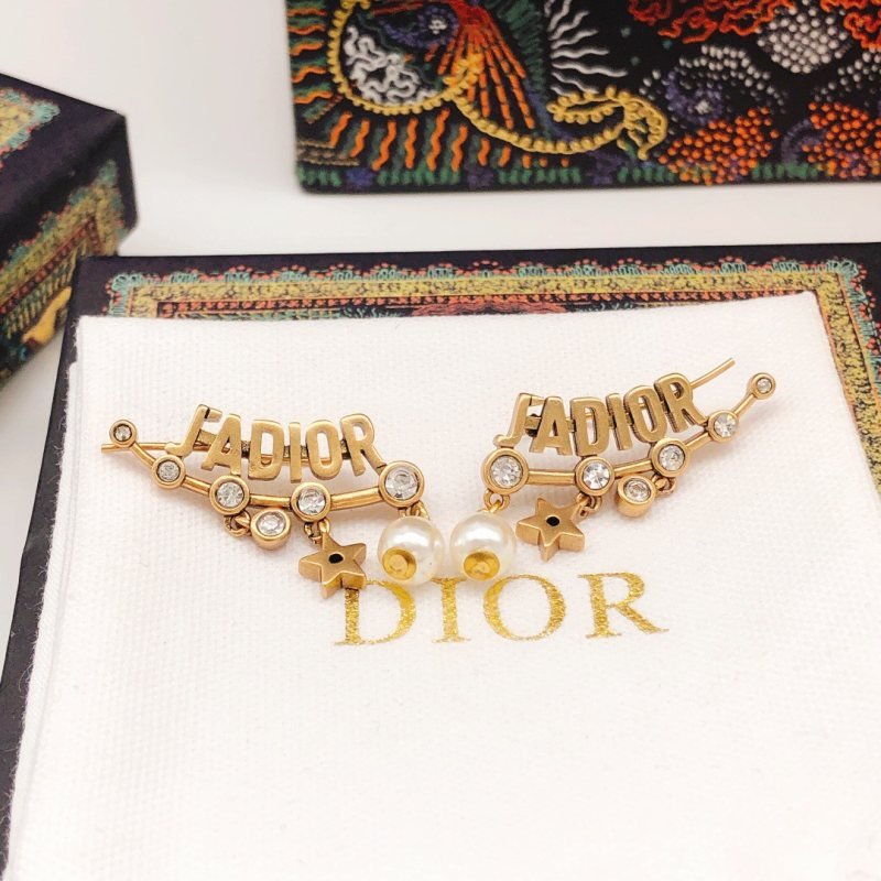 Dior J ADIOR earrings antique gold tone metal clear crystals white faux pearls 3 5cm length