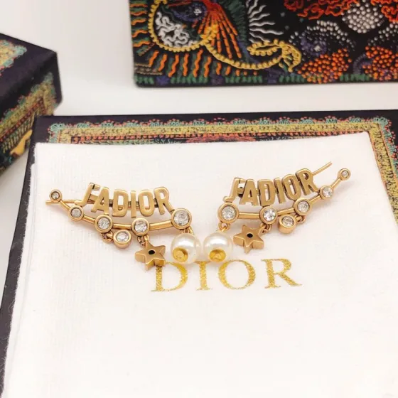 Dior J ADIOR earrings antique gold tone metal clear crystals white faux pearls 3 5cm length