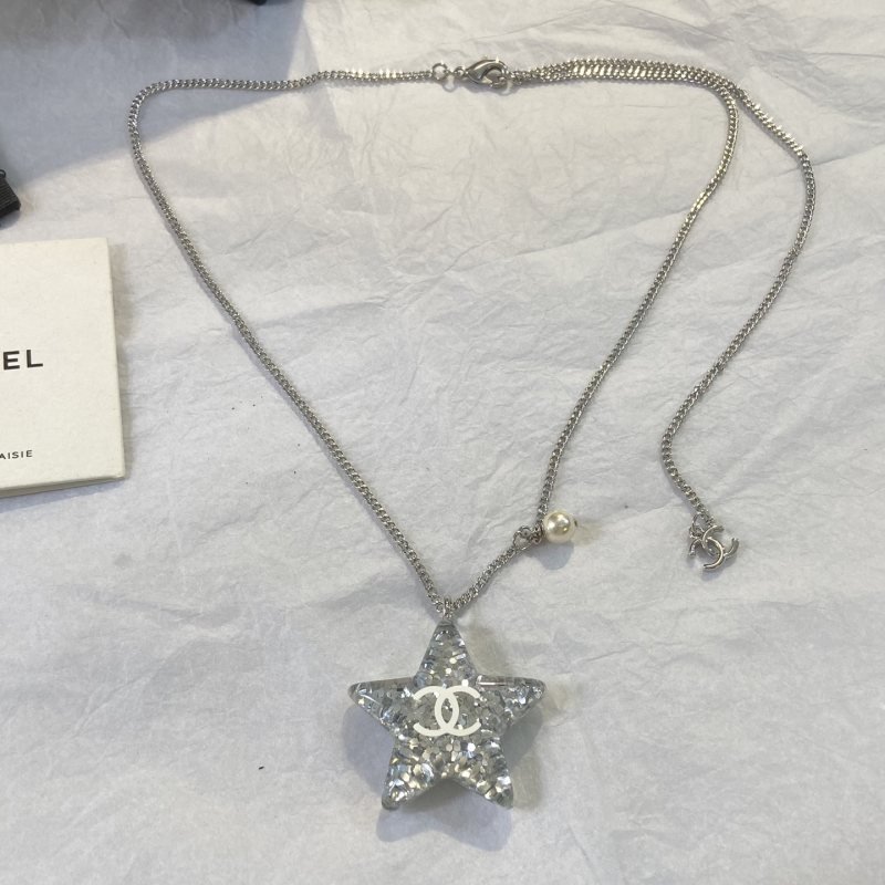 Chanel CC Star Pendant Necklace necklace Silver-tone metal clear resin with silver glitter white enamel CC logo white faux pearl 60cm