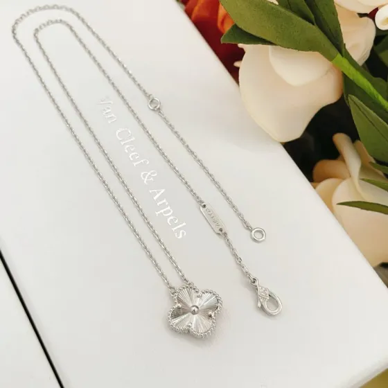 Van Cleef Arpels Alhambra necklace silver white gold with guilloche silver clover pendant 42cm