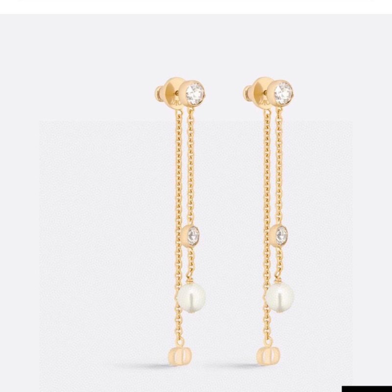 Dior Petit CD Treasure earrings gold-tone metal with white resin pearls and silver-tone crystal accents 6cm drop length