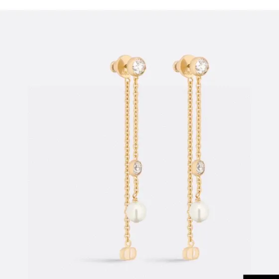 Dior Petit CD Treasure earrings gold-tone metal with white resin pearls and silver-tone crystal accents 6cm drop length