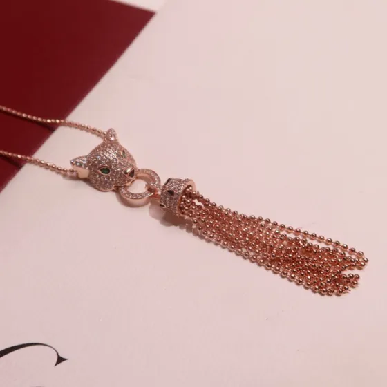Cartier Panthere de Cartier Tassel Pendant Necklace necklace Rose gold paved with diamonds emerald eyes black onyx nose accents 42cm