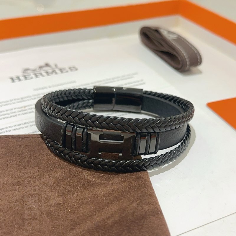 Hermes New Anger Forest H Logo bracelet Black braided leather with gunmetal black hardware 21cm