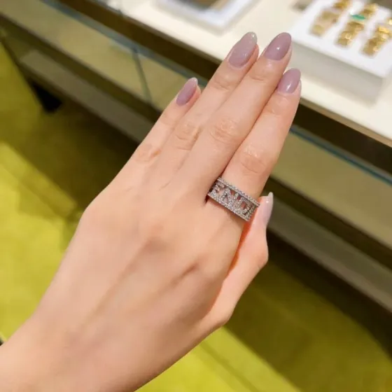 Fendi Fendigraphy Logo Cutout Pave Ring ring Silver-toned metal with clear pave crystals US 6