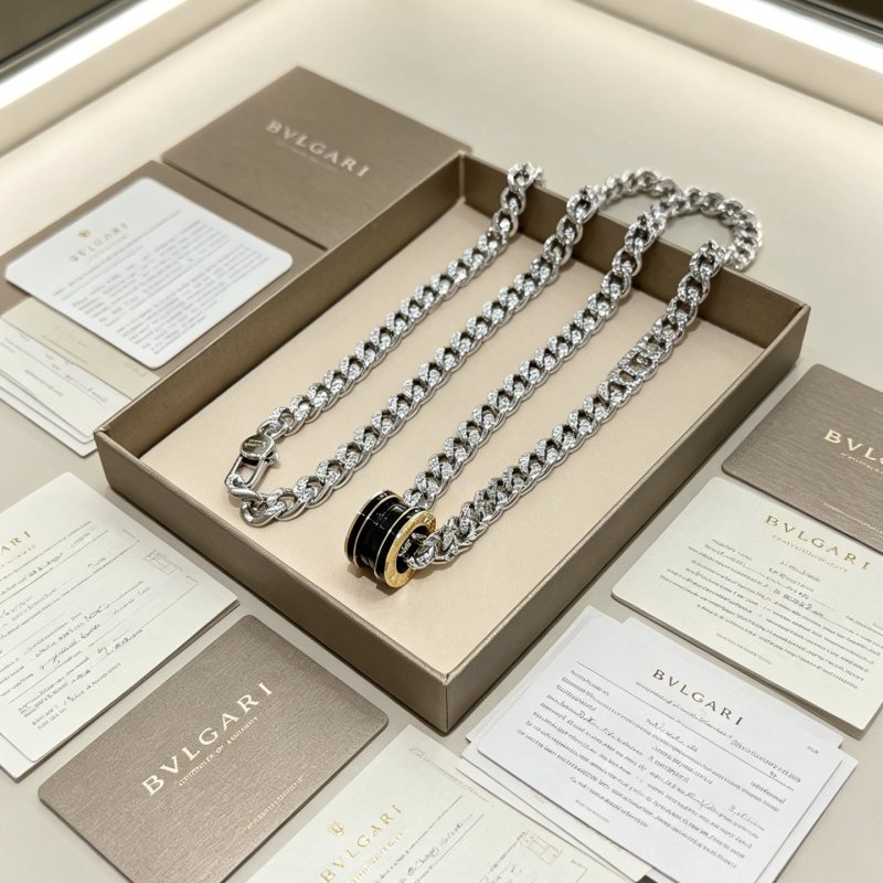 Bvlgari B zero1 necklace 18K white gold 18K yellow gold black ceramic pave set clear diamonds 60cm