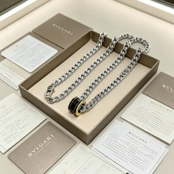 Bvlgari B zero1 necklace 18K white gold 18K yellow gold black ceramic pave set clear diamonds 60cm