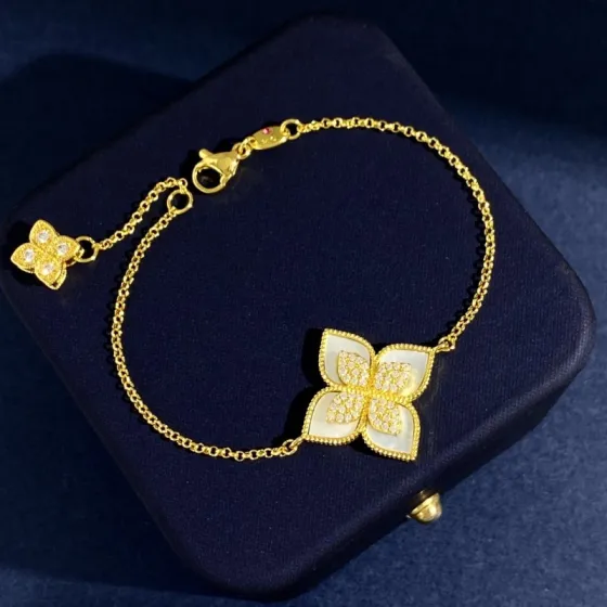 Roberto Coin Princess Flower bracelet Yellow gold with diamond pave available in white mother-of-pearl black onyx blue lapis lazuli turquoise green malachite stone inlays 18cm with 2cm extender