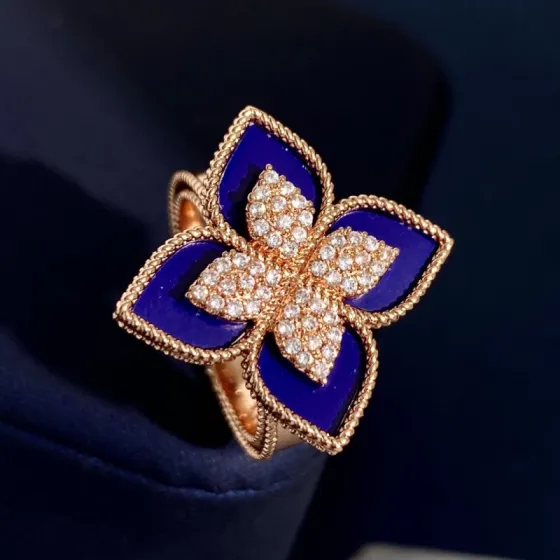 Roberto Coin Princess Flower ring Rose gold with blue lapis black onyx and pave white diamonds US 7