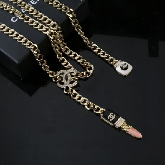 Chanel CC Lipstick Perfume Bottle Charm Chain necklace Gold-tone metal with clear crystals black enamel white enamel pink accent 80cm