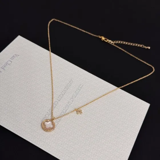 Van Cleef Arpels Alhambra necklace yellow gold white mother-of-pearl clear diamond accents 42cm with 5cm extender