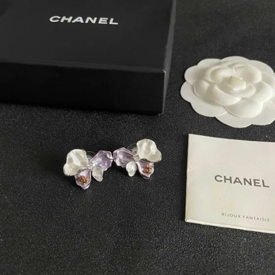 Chanel CC Logo Iridescent Flower Stud Earrings earrings Silver-toned metal pearlescent white lavender purple rose gold CC logo clear crystal accent white pearl accent 2cm stud diameter
