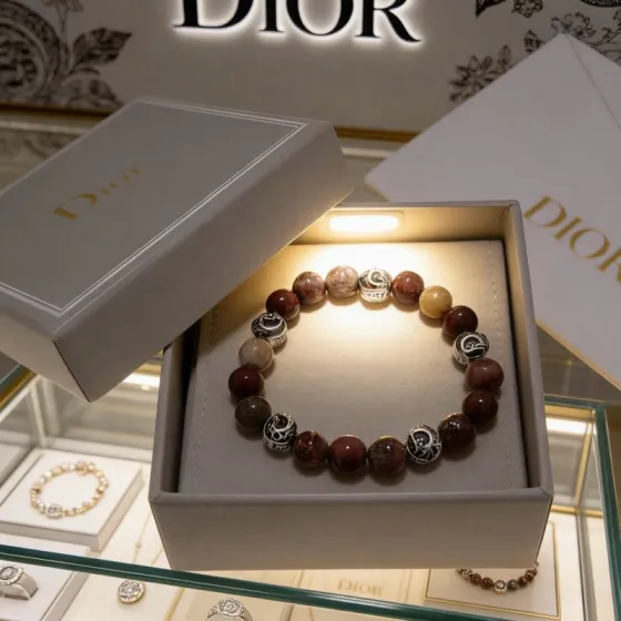 Dior Beaded Logo Charm Bracelet bracelet Silver-toned metal with multi-tone brown natural stone beads 19cm