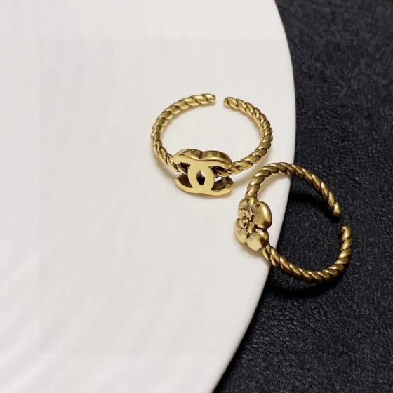 Chanel CC Camellia Twisted Open Ring Set ring antique gold tone metal adjustable open size