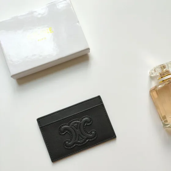 Celine Triomphe card holder black smooth leather with black embossed Triomphe logo 10 5 x 7cm