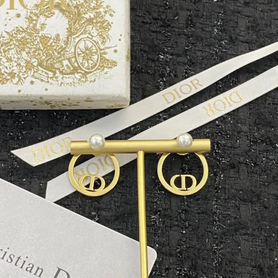 Dior 30 Montaigne earrings gold-tone metal with white pearl accents 2cm diameter