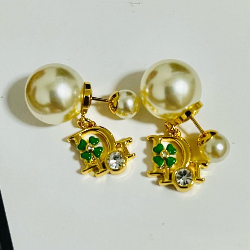 Dior Tribales earrings Gold-tone metal cream white faux pearl green enamel clover clear crystal One Size