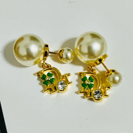 Dior Tribales earrings Gold-tone metal cream white faux pearl green enamel clover clear crystal One Size