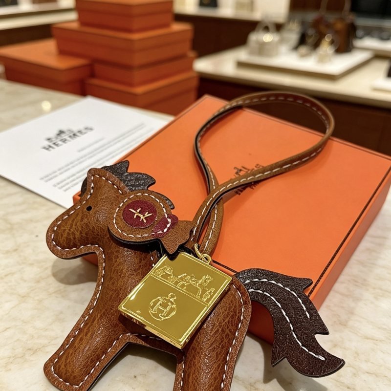 Hermes Rodeo Pegase Horse Bag Charm with Gold Ex-Libris Pendant pendant Gold-tone metal brown leather with dark brown mane tail burgundy leather accent white contrast stitching 12cm strap length