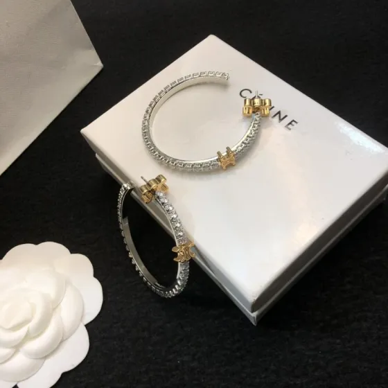 Celine Triomphe Crystal Hoop Earrings earrings Two-tone silver and gold metal with clear crystal stones 4cm diameter