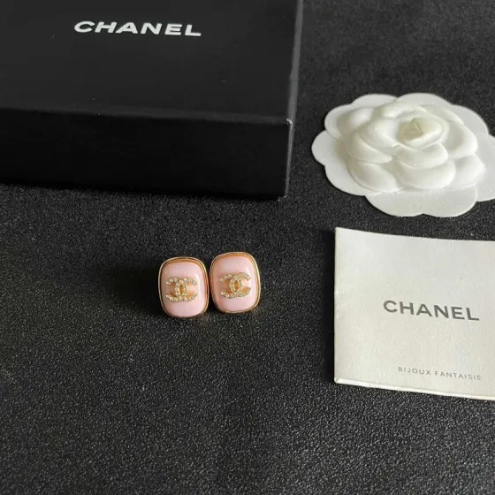 Chanel CC Logo Square Stud Earrings earrings gold-tone metal light pink enamel clear crystal accents 1 5cm width per earring