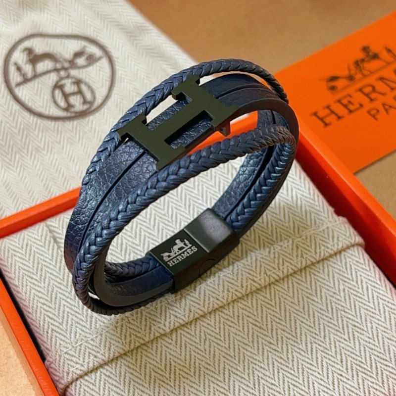 Hermes New H bracelet matte black metal navy blue leather 19cm