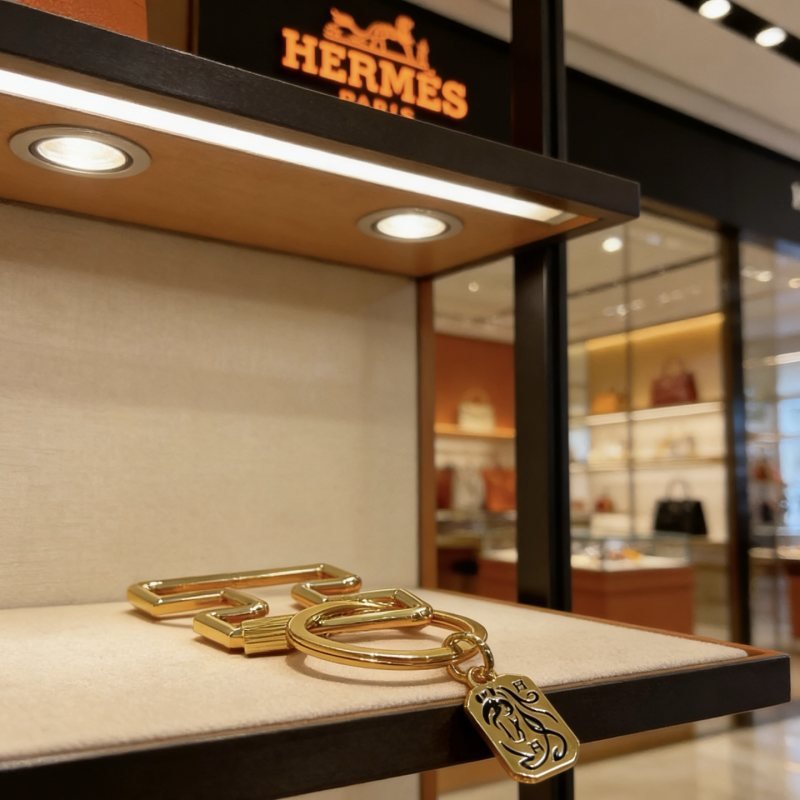 Hermes Horse Head Charm Keychain pendant gold-tone metal with black enamel detailing 3 5cm key ring 7cm zigzag clip