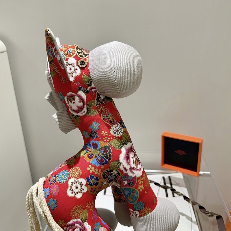 Hermes Hermes Horse Plush brooch Red floral printed fabric with light gray fabric accents off-white cord tail metal button eye detail 35cm