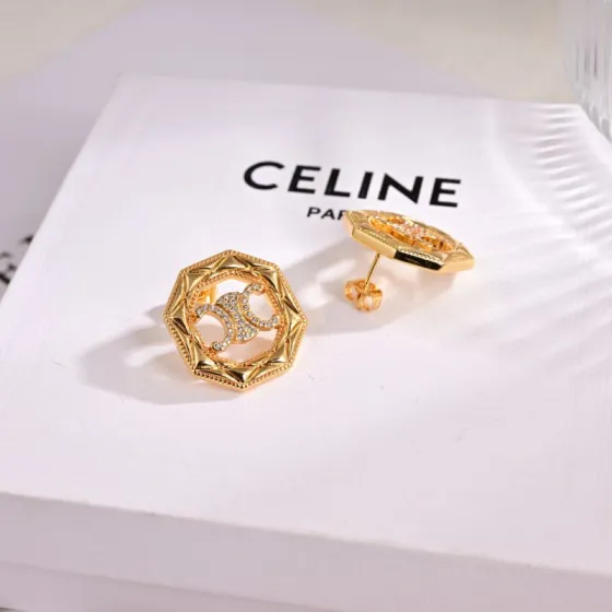 Celine Triomphe Octagonal Stud Earrings earrings gold-tone metal with clear crystal accents 1 8cm diameter