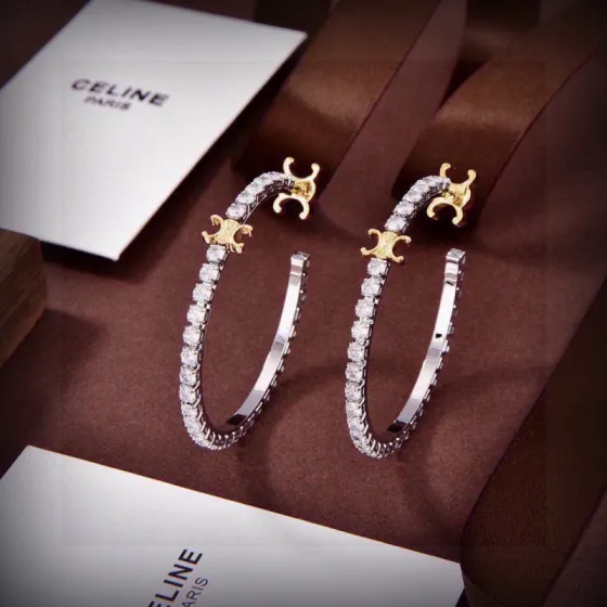Celine Triomphe Crystal Hoop earrings Two-tone gold and silver metal with clear crystal stones 4cm diameter