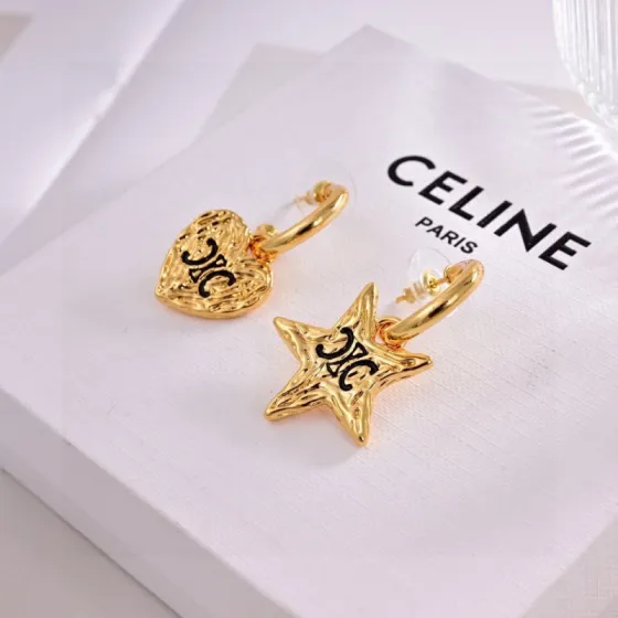 Celine Triomphe Asymmetric Heart Star Drop Earrings earrings Gold-tone metal with black enamel Triomphe logos 1 5cm hoop diameter 2cm total drop length