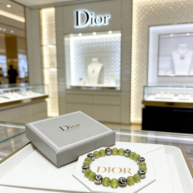Dior Dior Beaded Logo Bracelet bracelet Silver-tone metal with black enamel logo accents light olive green cat s eye beads 18cm